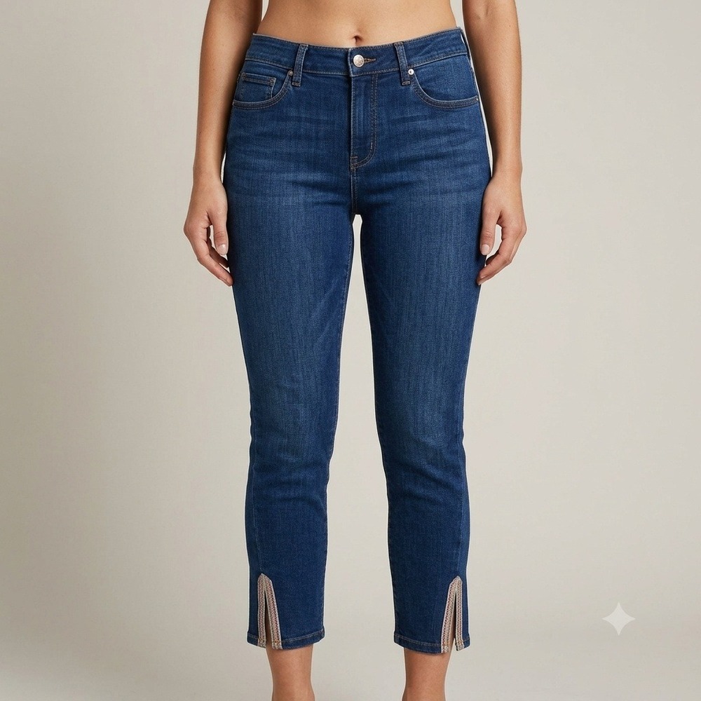 NYDJ Ami Skinny Jeans Womens 12 Dark Wash Blue Split Embroidered Hem MINDAA2580